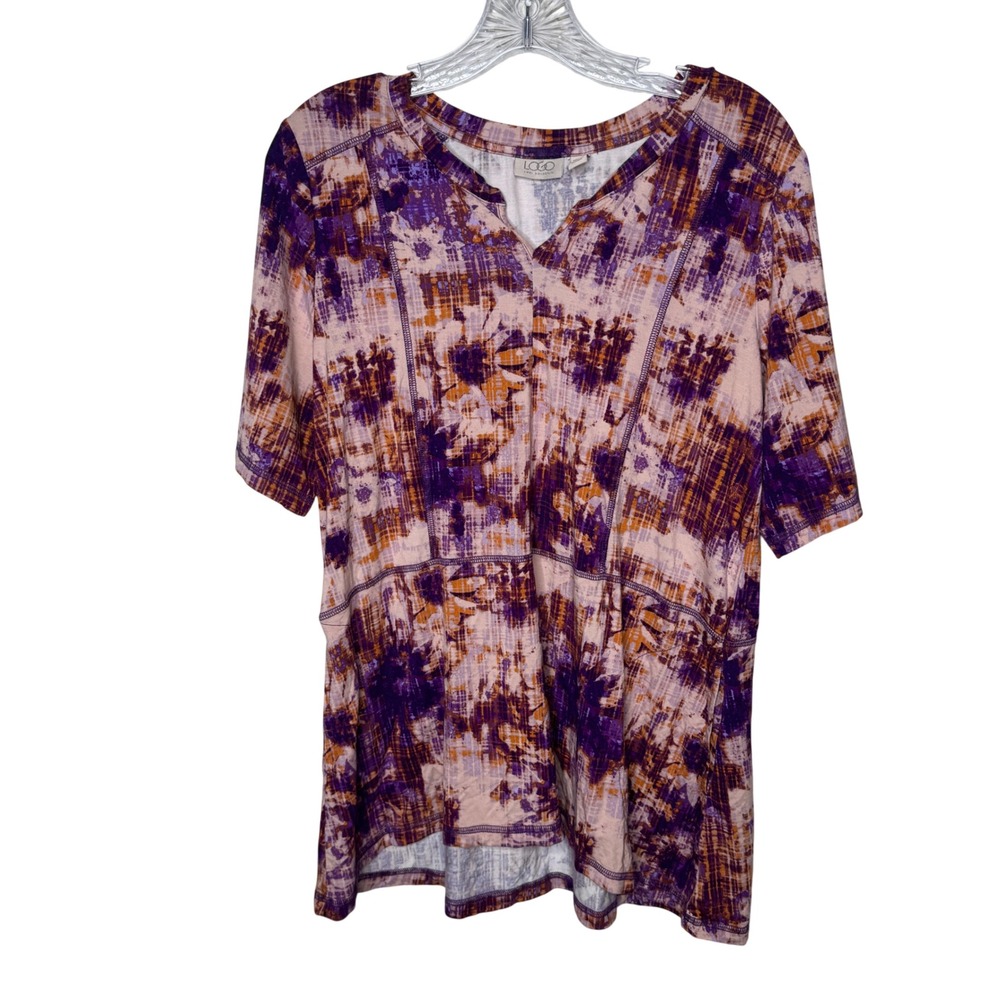 LOGO by Lori‎ Goldstein Womens Purple Orange Tie Dye Split Neck Top Medium